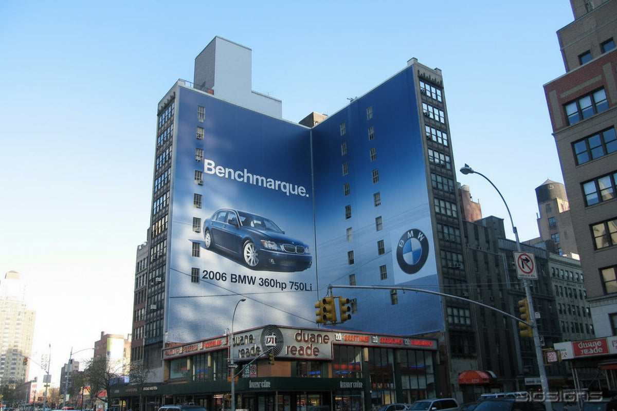 BMW Benchmarque building wrap covering two sides of a city high-rise