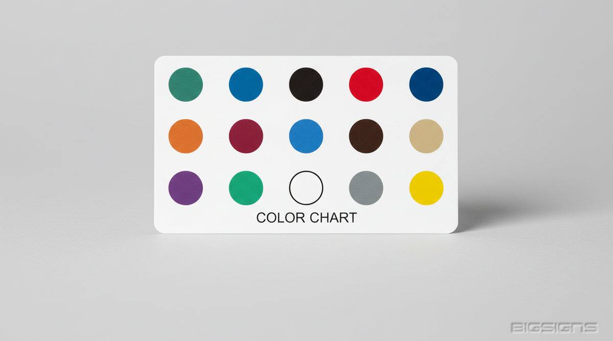 Color chart card with 15 round swatches of the available mesh colors