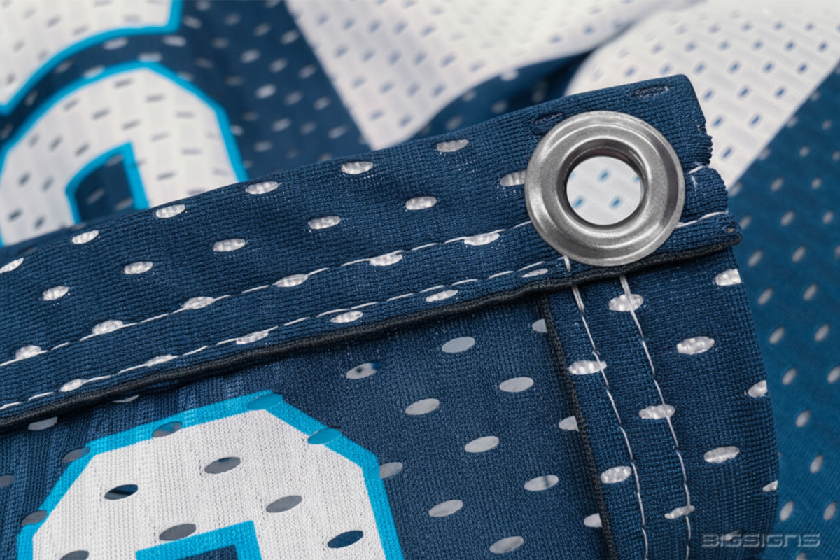 Close-up of printed polyester fabric mesh with a reinforced hem and metal grommet