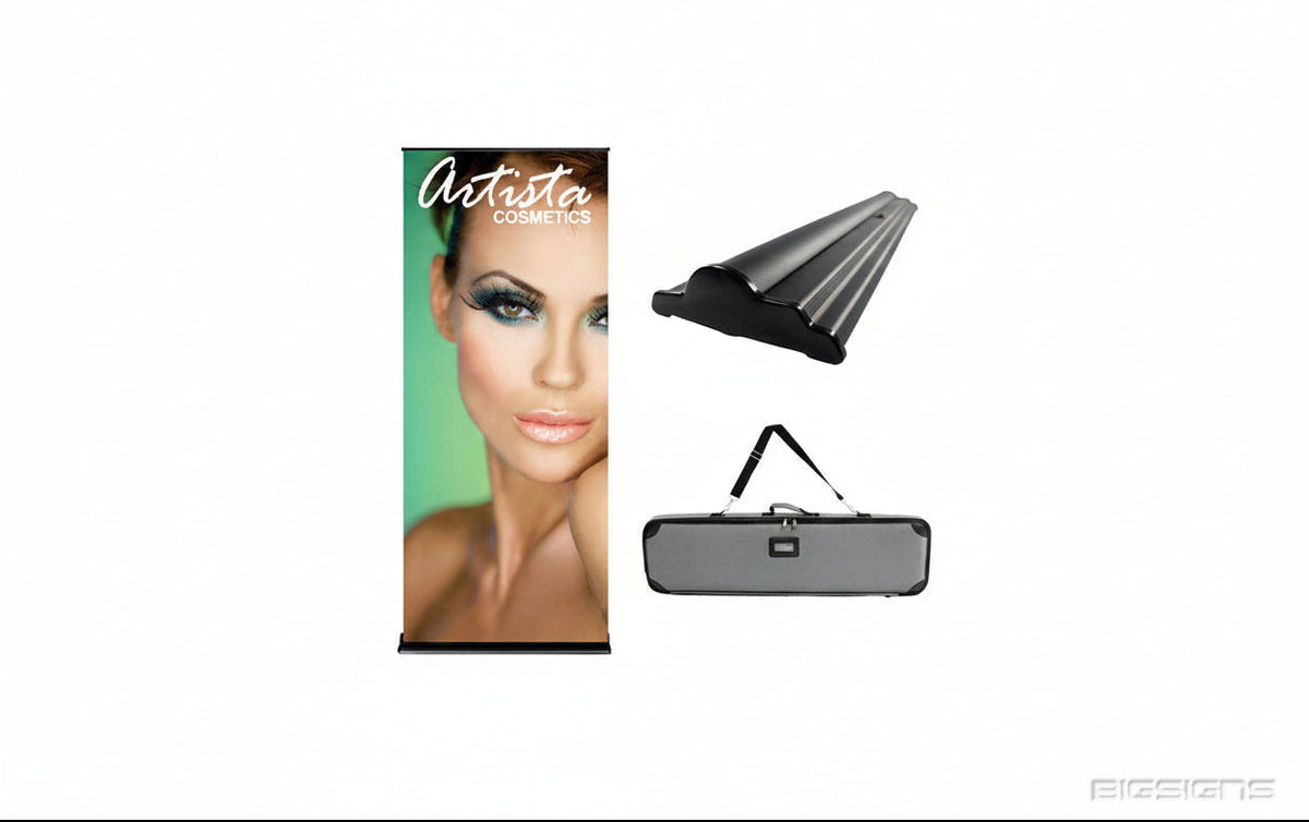 Retractable banner kit: printed cosmetics banner, aluminum base and padded carry bag