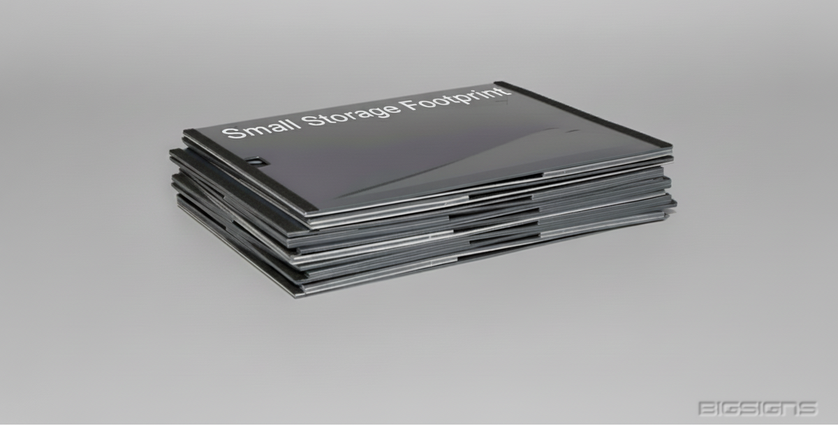 Stack of ModStar A-frame signs folded flat, captioned Small Storage Footprint