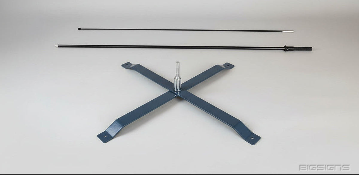Feather flag hardware: two-piece pole and folding steel cross base