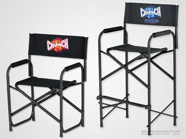 Short and tall director chairs printed with the Crunch Fitness logo on the backs