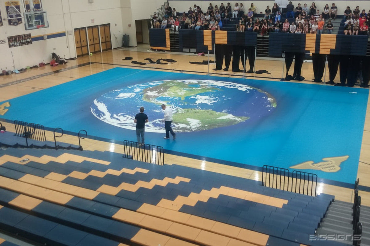 Blue world-map floor covering spread across a gym floor in front of crowded bleachers