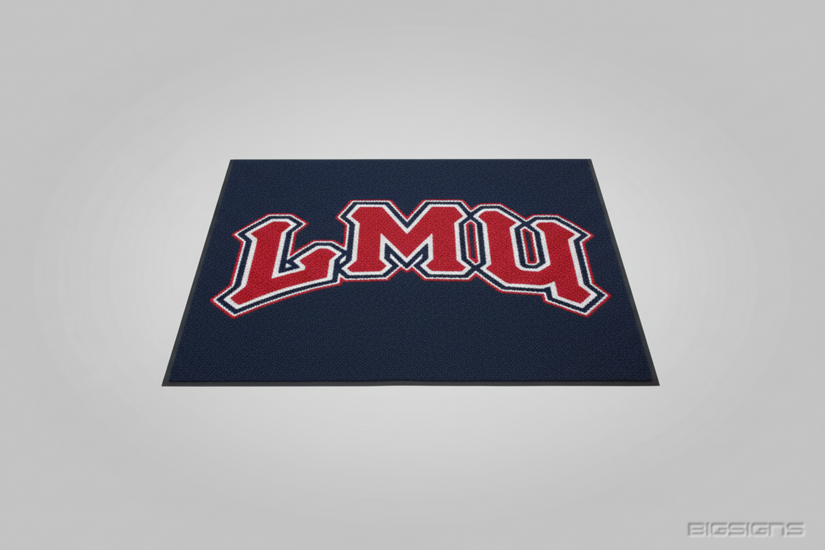 Navy logo mat with red and white arched LMU letters on a gray background