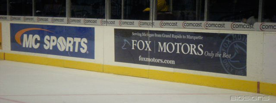 Sports arena rink window wraps with advertising graphics, perfect for window wraps and event banners display