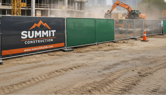 Construction fence screens with custom branding used for site privacy, safety, and dust control at an active job site.