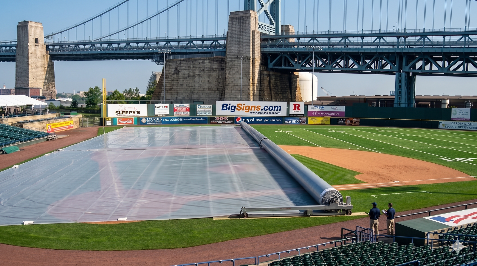 Motorized automated field protection cover being deployed across a sports stadium surface to prevent weather damage.