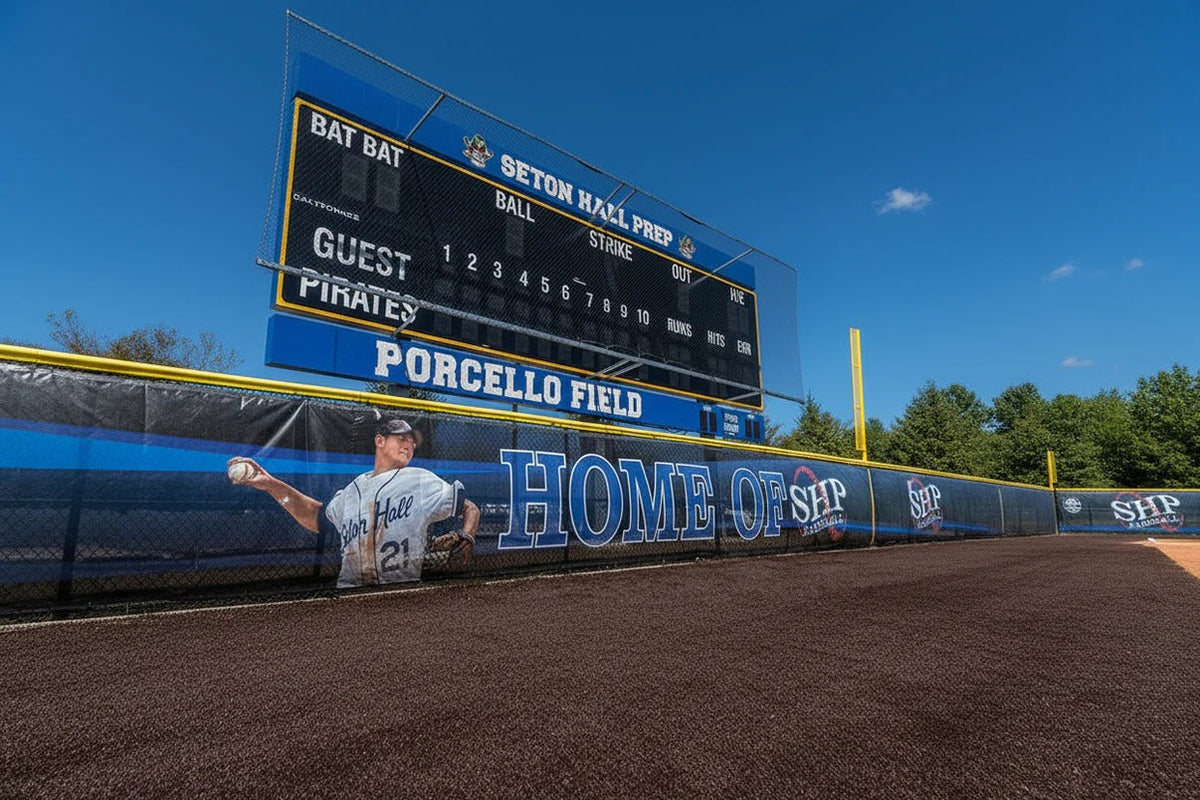 High school baseball scoreboard showing header logo panel, scoring face, and sponsor-style fence banner graphics.