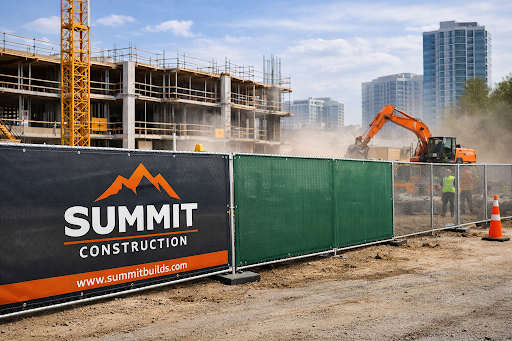 Branded job site with a custom construction fence screen showing company logo—highlighting key visibility and privacy benefits.