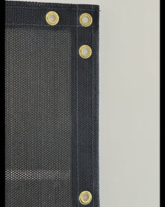 Close-up of Perfectscreen80 hem and reinforced edge with grommets, highlighting durability and secure attachment points.