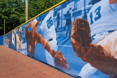 Close-up of a baseball mural windscreen with players in white jerseys on an outfield fence