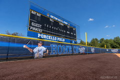 Seton Hall Prep Home of SHP windscreen with a pitcher graphic below the scoreboard