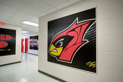 Clip grip mounted wall wraps with custom prints, ideal for wall wraps and event signs in modern interior spaces