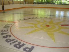 Prince Palace center ice logo with sun graphic installed on an indoor rink surface for custom ice branding and arena style.