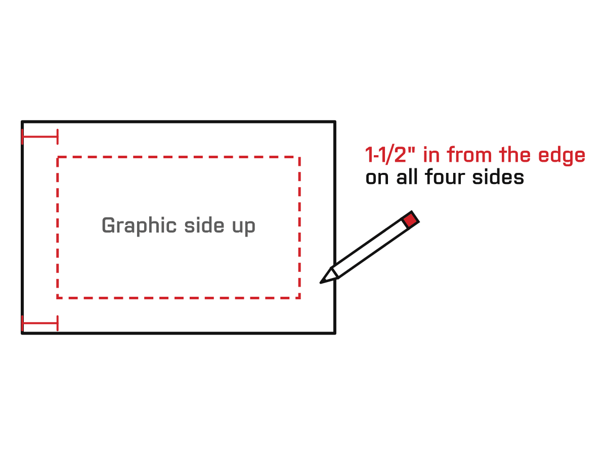 Diagram: Mark the tension-clip placement line. Graphic side up, draw a line 1-1/2″ in from the trimmed edge on all four sides. Over 10′, move it in about 1/4″ per extra 5′.