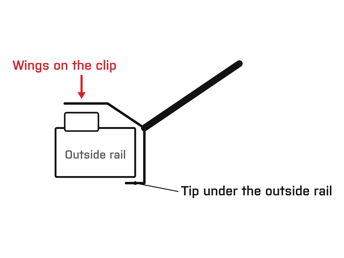 Diagram: Using the tension tool. Hook the tool tip under the outside rail, then press the wings down onto the clip with gentle, consistent pressure.