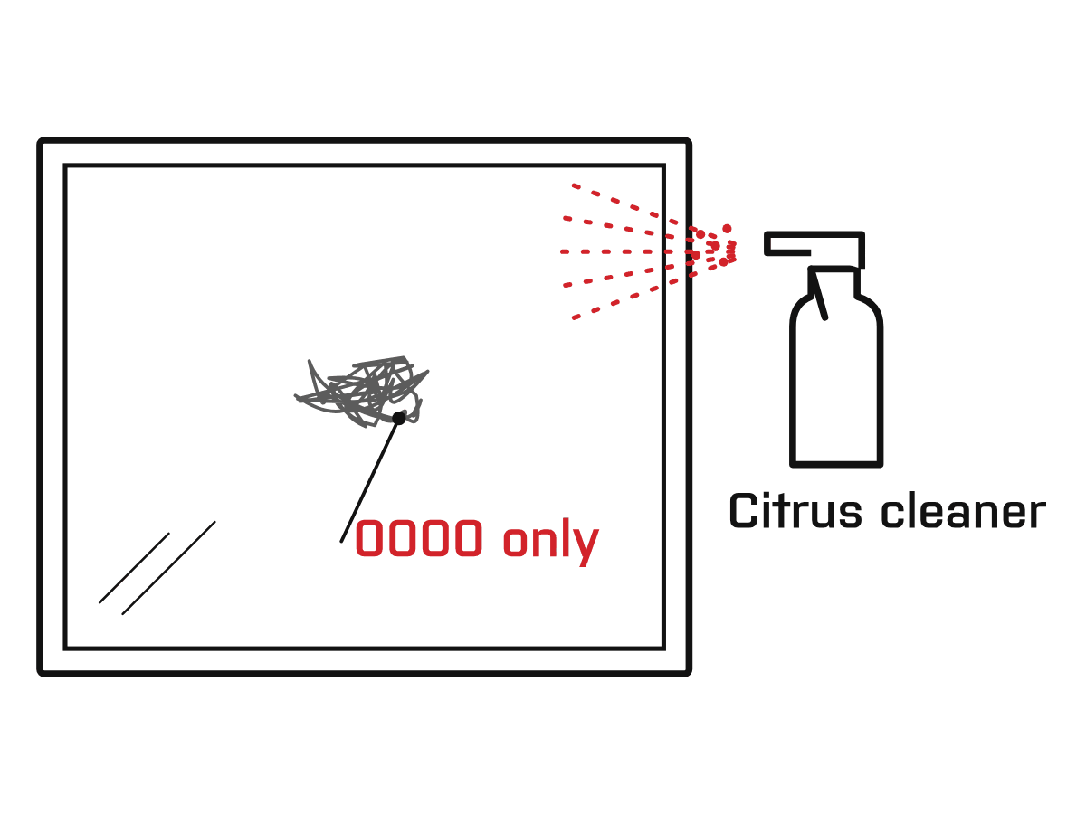 Diagram: Initial clean (strip old chemicals). Strip old sealants and coatings with a citrus cleaner, degreaser or solvent. Use only 0000 super-fine steel wool — coarser can scratch.