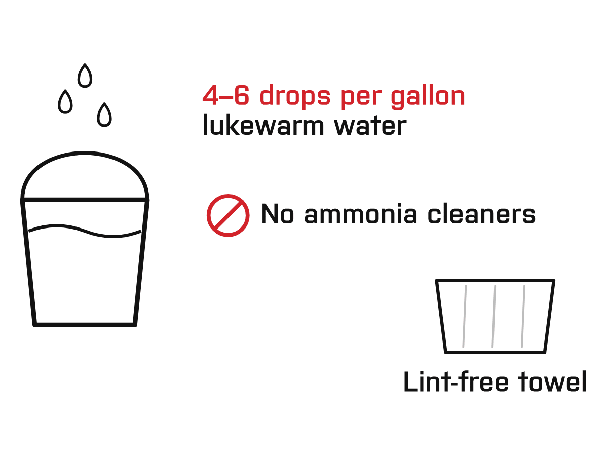 Diagram: Wash with soap and water. 4 to 6 drops of Joy® per gallon of lukewarm water. No Windex® or ammonia cleansers. Dry with a lint-free towel.