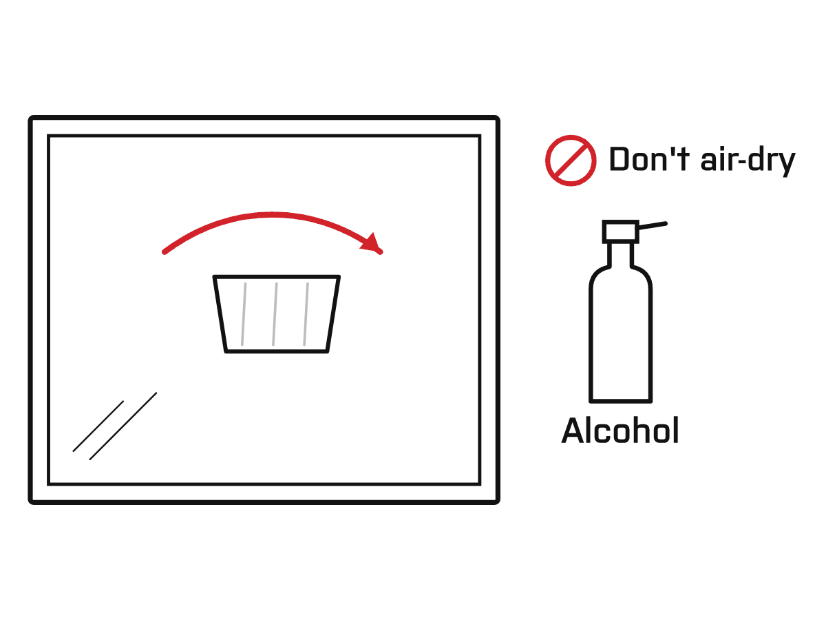 Diagram: Final cleanse with alcohol. Wipe the glass with alcohol and dry it with paper or a lint-free towel. Don’t let it air-dry — wipe until every trace is gone.