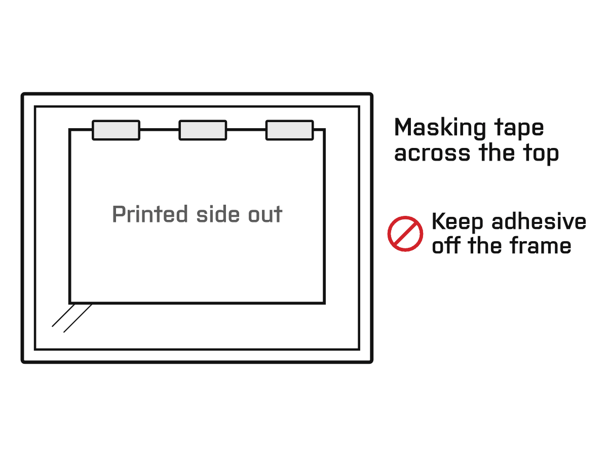 Diagram: Hinge it in place. Align the graphic at the top, keep the adhesive off the frame, and tack it with masking tape across the top on the printed side.