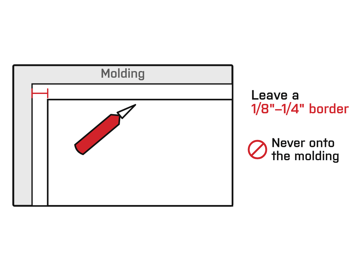 Diagram: Trim and final-squeegee. Razor-cut the edges leaving a 1/8″–1/4″ border, never onto the molding. Then squeegee the edges again with more pressure.