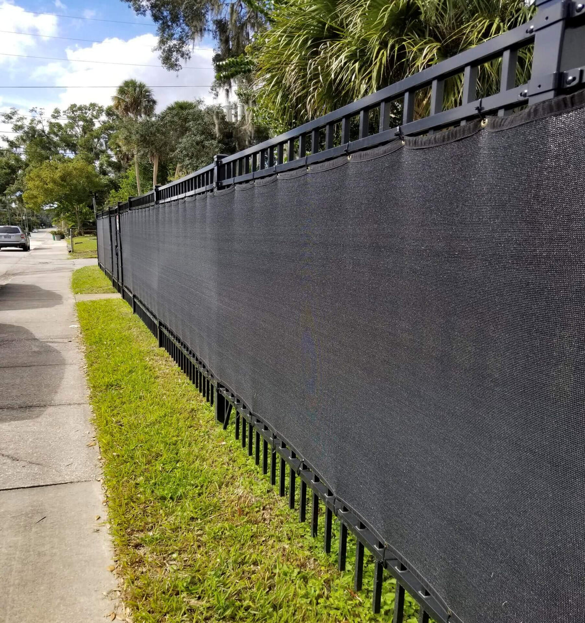 Chain link fence privacy screen with custom mesh graphics for outdoor privacy, events, sports fields & facility windscreen.