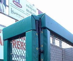 Football field padding system with branded goal post & rail covers designed for protection, durability, & team identity display.