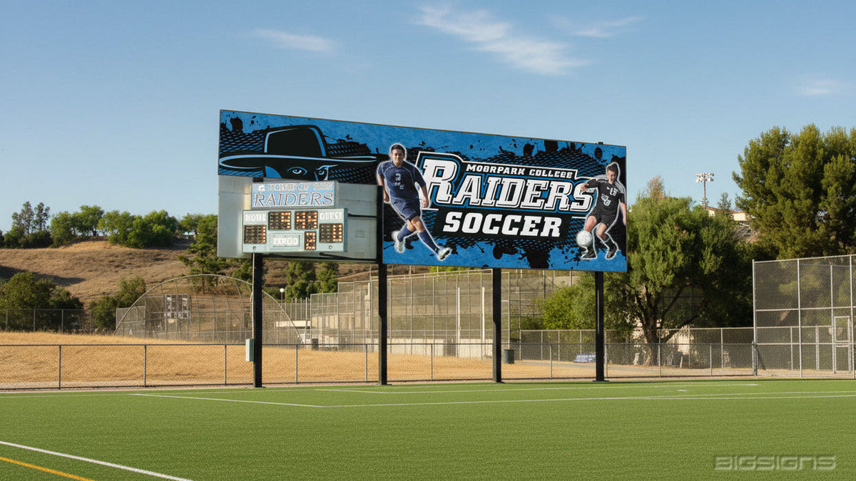 Moorpark College Raiders Soccer scoreboard graphic with players in action