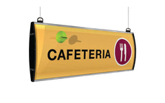 Custom lobby signs and window wraps for schools; yellow cafeteria suspended sign with cutlery icon and mesh banner style.